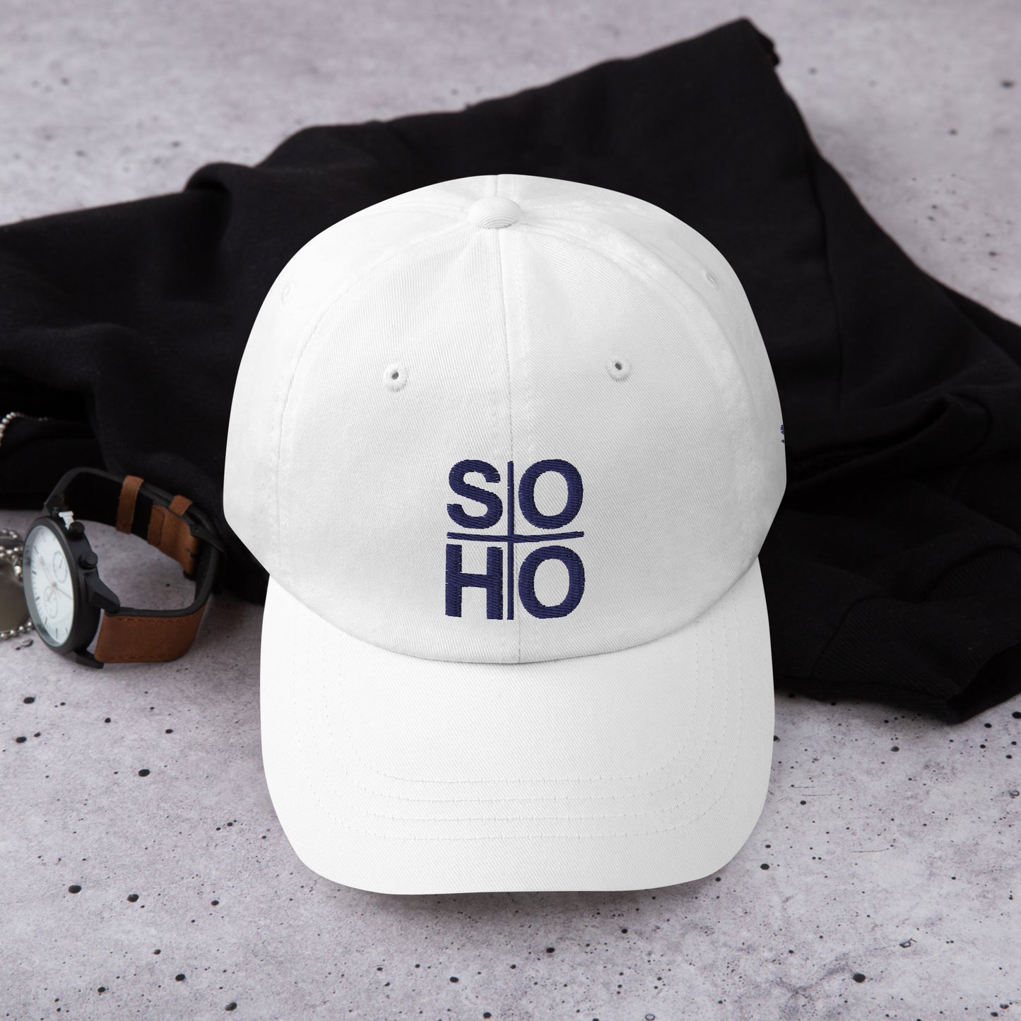 SOHO dad hat - white w/ blue thread