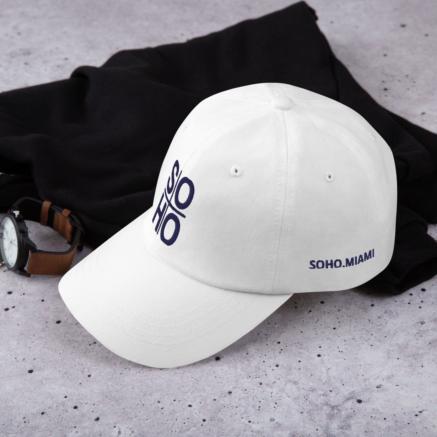 SOHO dad hat - white w/ blue thread