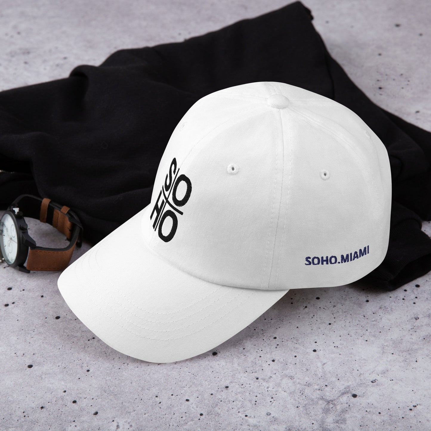 SOHO data hat - white w/ black thread