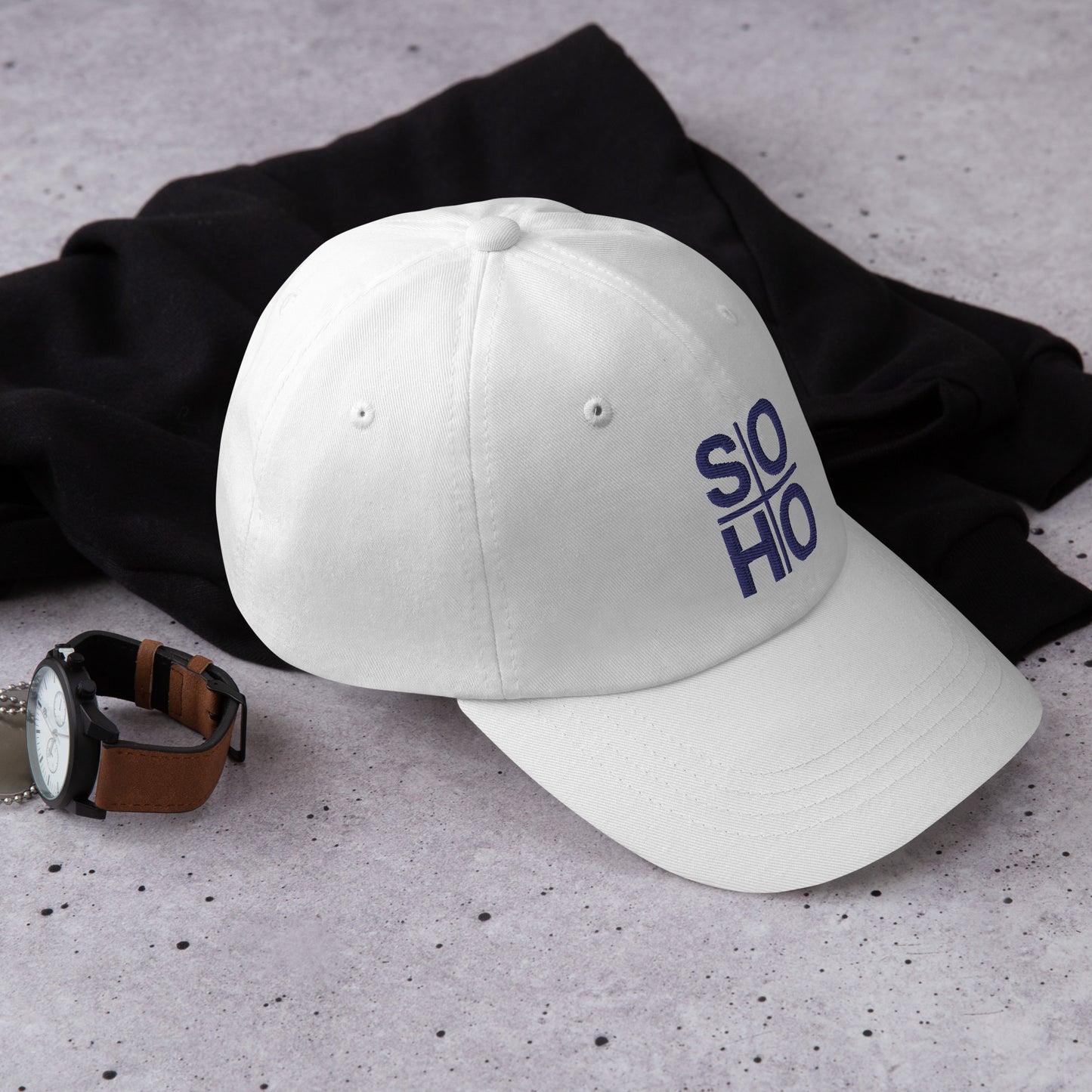 SOHO dad hat - white w/ blue thread