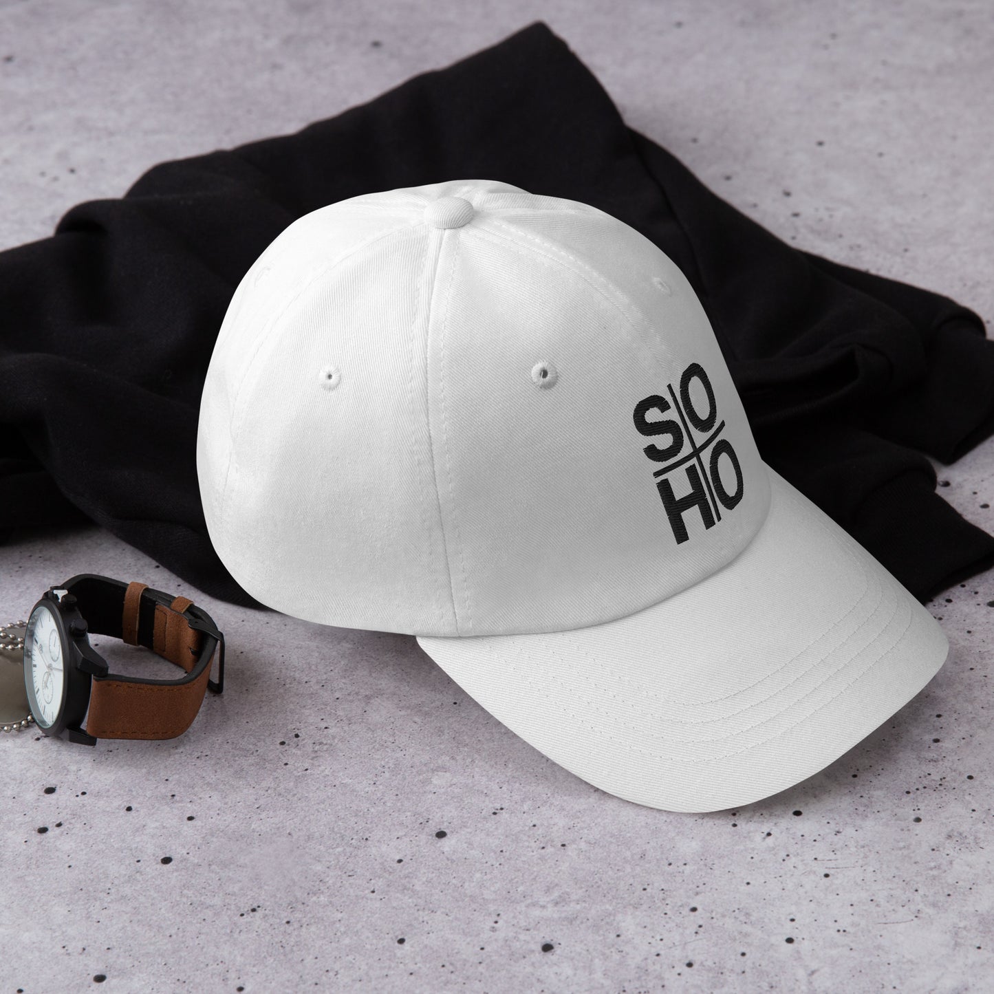 SOHO data hat - white w/ black thread